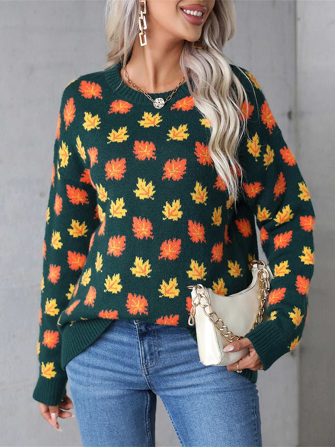 Angel Wings Maple Leaf Round Neck Long Sleeve Sweater-TOPS / DRESSES-[Adult]-[Female]-Dark Green-S-2022 Online Blue Zone Planet