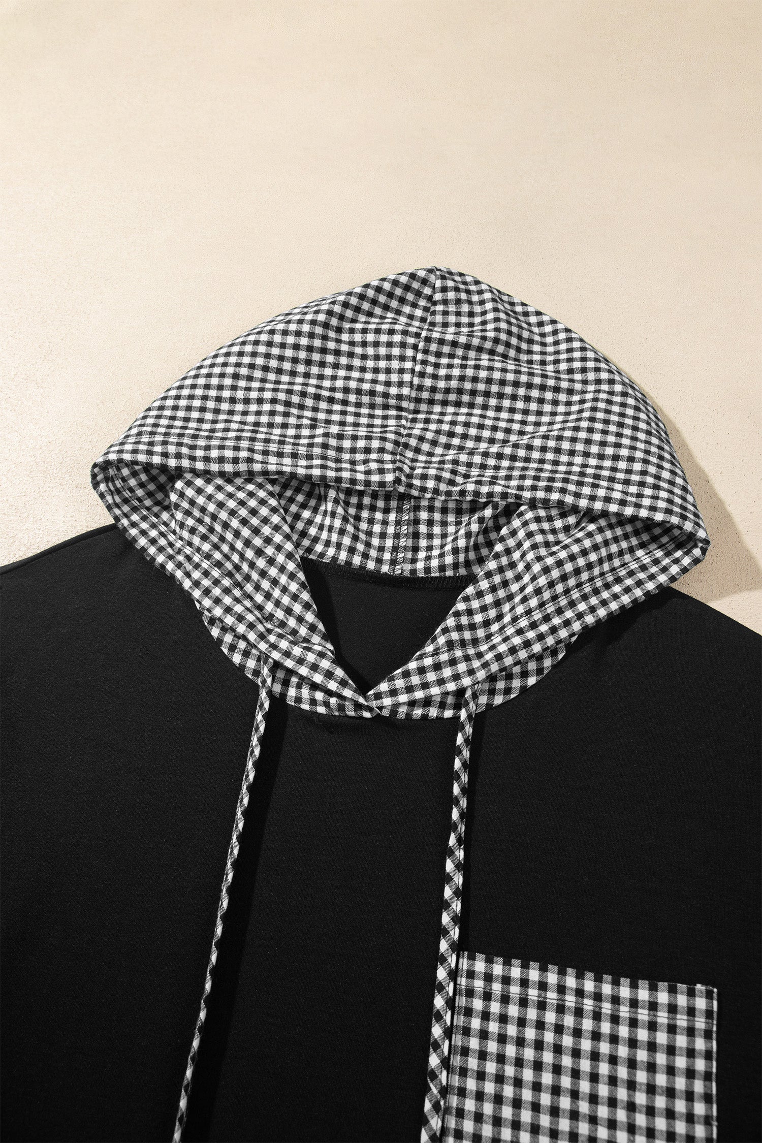 Black Hooded Gingham Paneling Chest Patch Pocket Long Sleeve Plus Size Blouse-Tops / Dresses-[Adult]-[Female]-2022 Online Blue Zone Planet