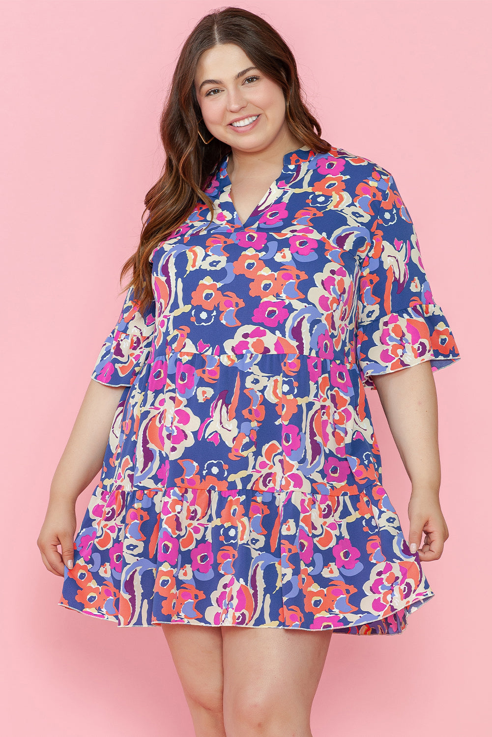 Blue Zone Planet | Blue Plus Size Floral Print Ruffled 3/4 Sleeve Mini Dress-TOPS / DRESSES-[Adult]-[Female]-Blue-1X-2022 Online Blue Zone Planet