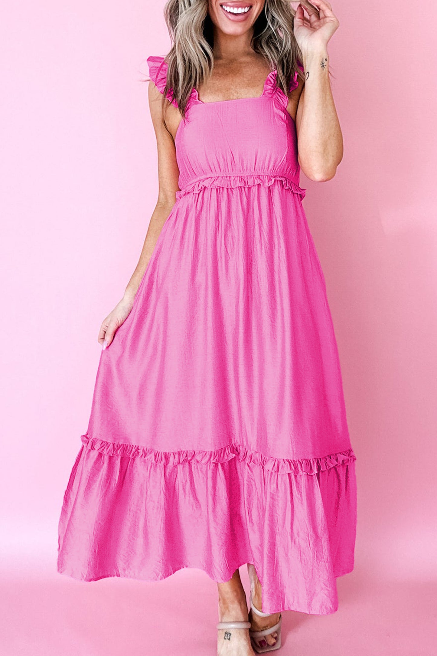 Bonbon Solid Color Ruffle Trim High Waist Sleeveless Maxi Dress-TOPS / DRESSES-[Adult]-[Female]-Bonbon-S-2022 Online Blue Zone Planet