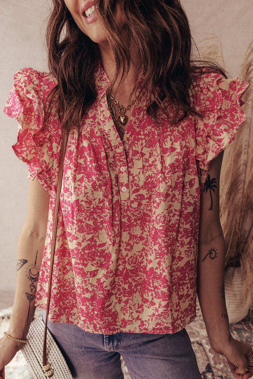 Rose Allover Printed Half Button Neck Ruffle Sleeve Blouse-Tops/Blouses & Shirts-[Adult]-[Female]-Rose-S-2022 Online Blue Zone Planet