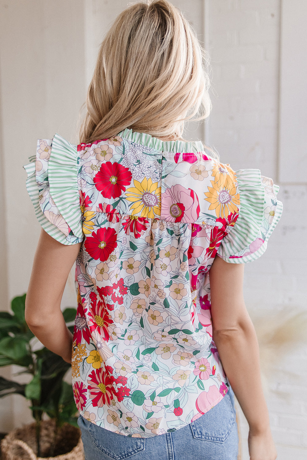 Pink Floral Print Contrast Ruffle Trim Short Sleeve Blouse-Tops/Blouses & Shirts-[Adult]-[Female]-2022 Online Blue Zone Planet