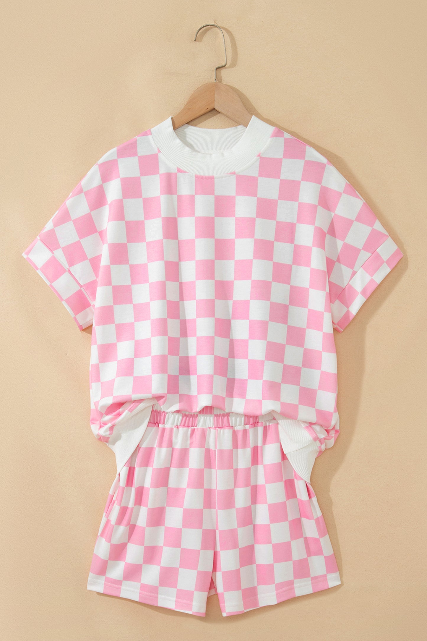 Pink Checkered Print Color Block Trim Mock Neck Short Set-Two Piece Sets/Short Sets-[Adult]-[Female]-2022 Online Blue Zone Planet