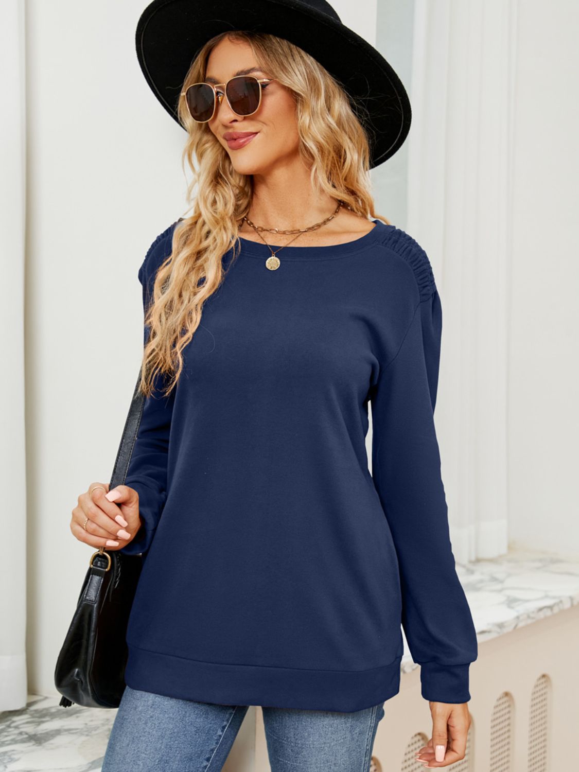 Ruched Shoulder Round Neck Long Sleeve Sweatshirt-TOPS / DRESSES-[Adult]-[Female]-Dark Blue-S-2022 Online Blue Zone Planet