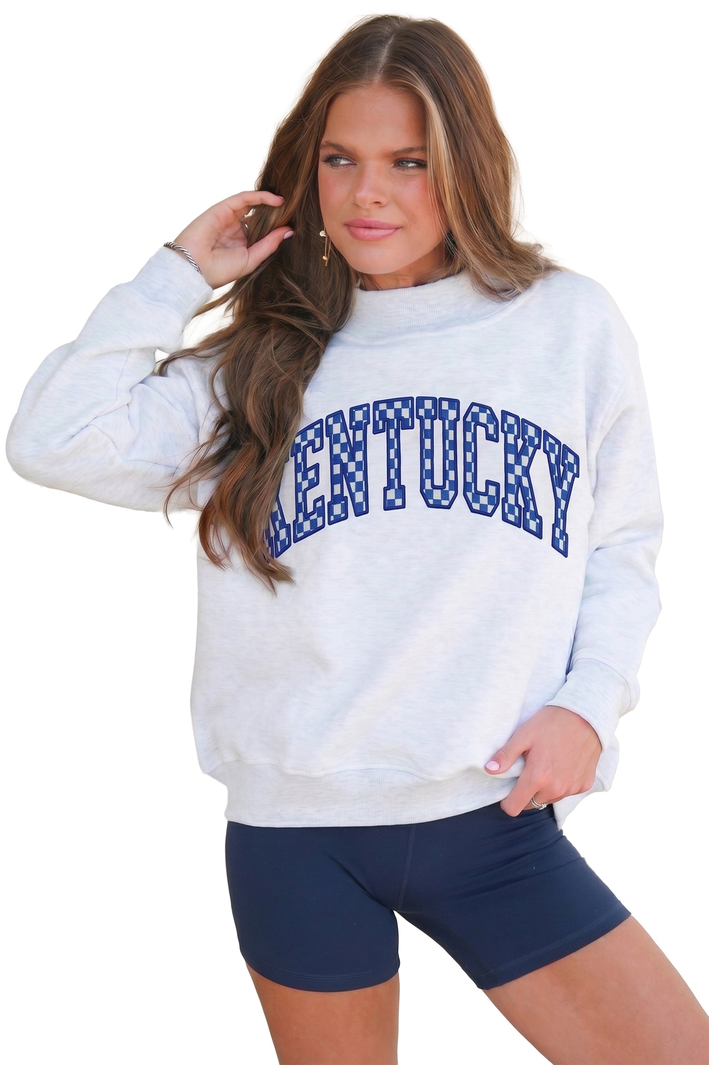 Light Grey High Neck Embroidered Checkered Letter Game Day Sweatshirt-Tops/Sweatshirts & Hoodies-[Adult]-[Female]-2022 Online Blue Zone Planet