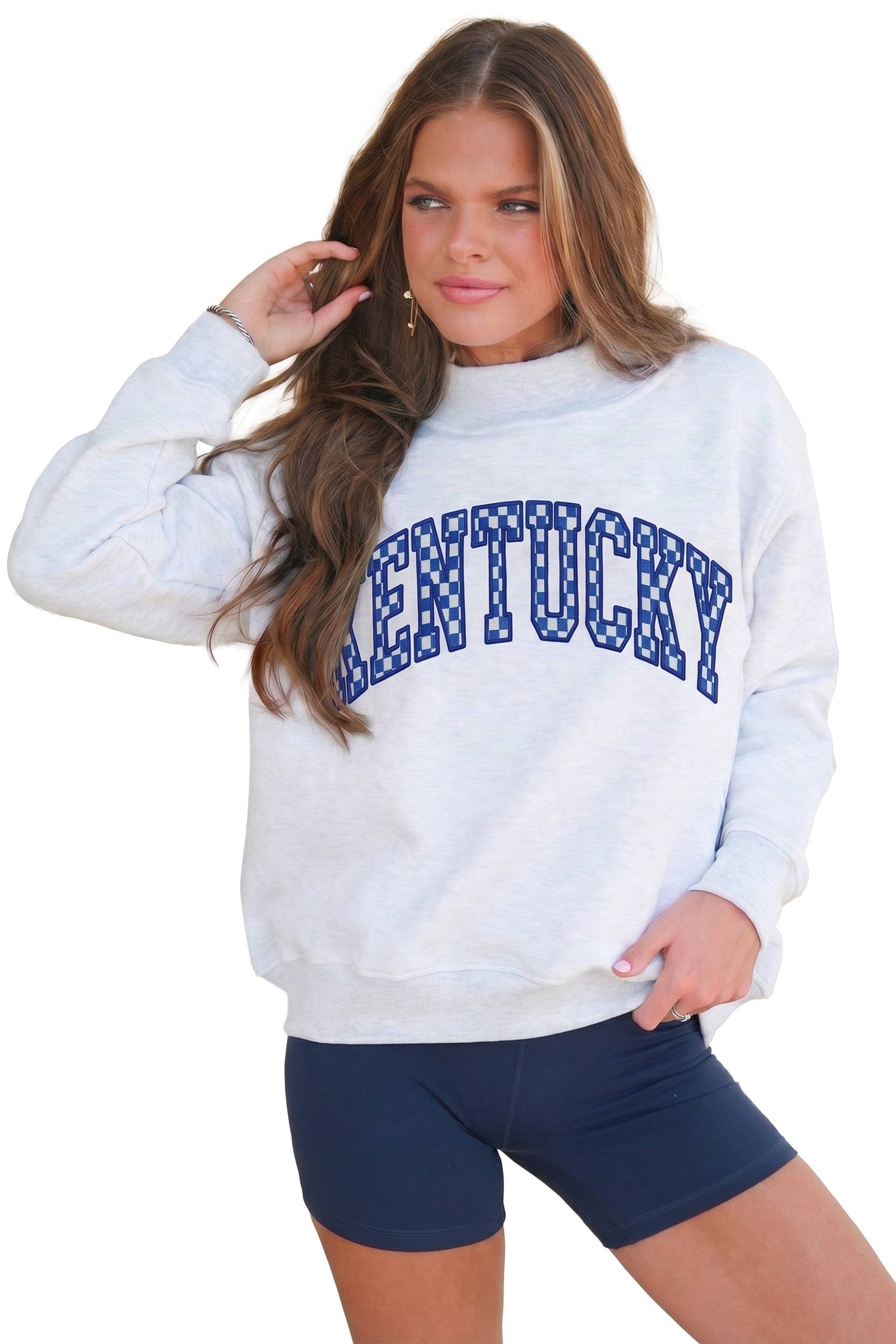 Light Grey High Neck Embroidered Checkered Letter Game Day Sweatshirt-Tops/Sweatshirts & Hoodies-[Adult]-[Female]-2022 Online Blue Zone Planet