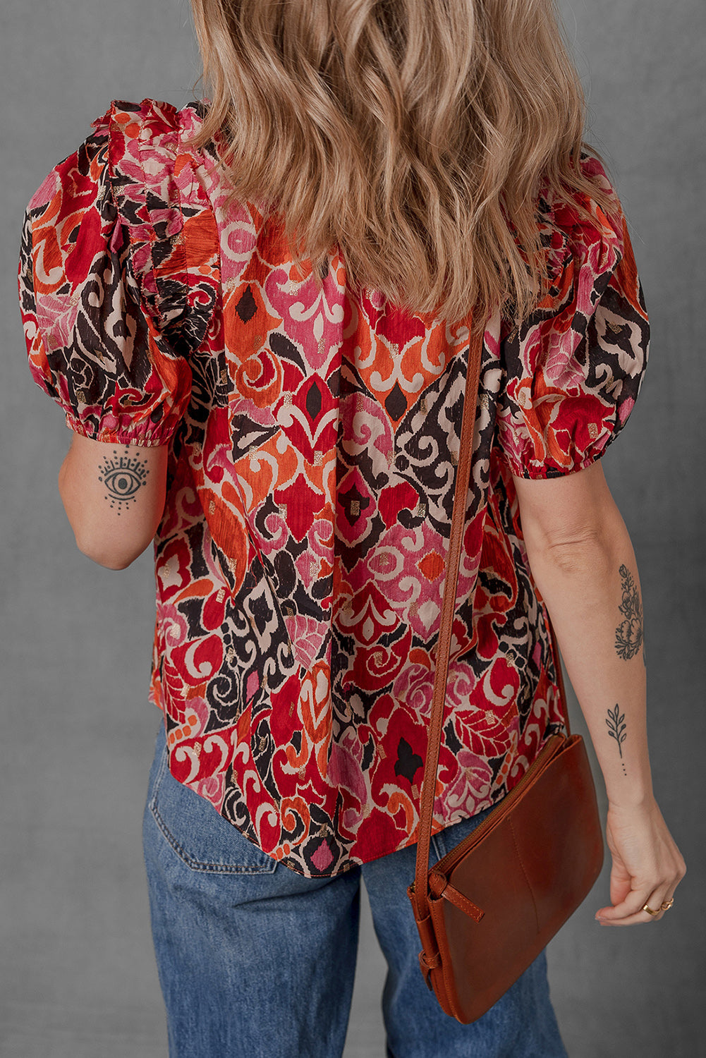 Red Ethnic Print Split Neck Short Puff Sleeve Blouse-Tops/Blouses & Shirts-[Adult]-[Female]-2022 Online Blue Zone Planet