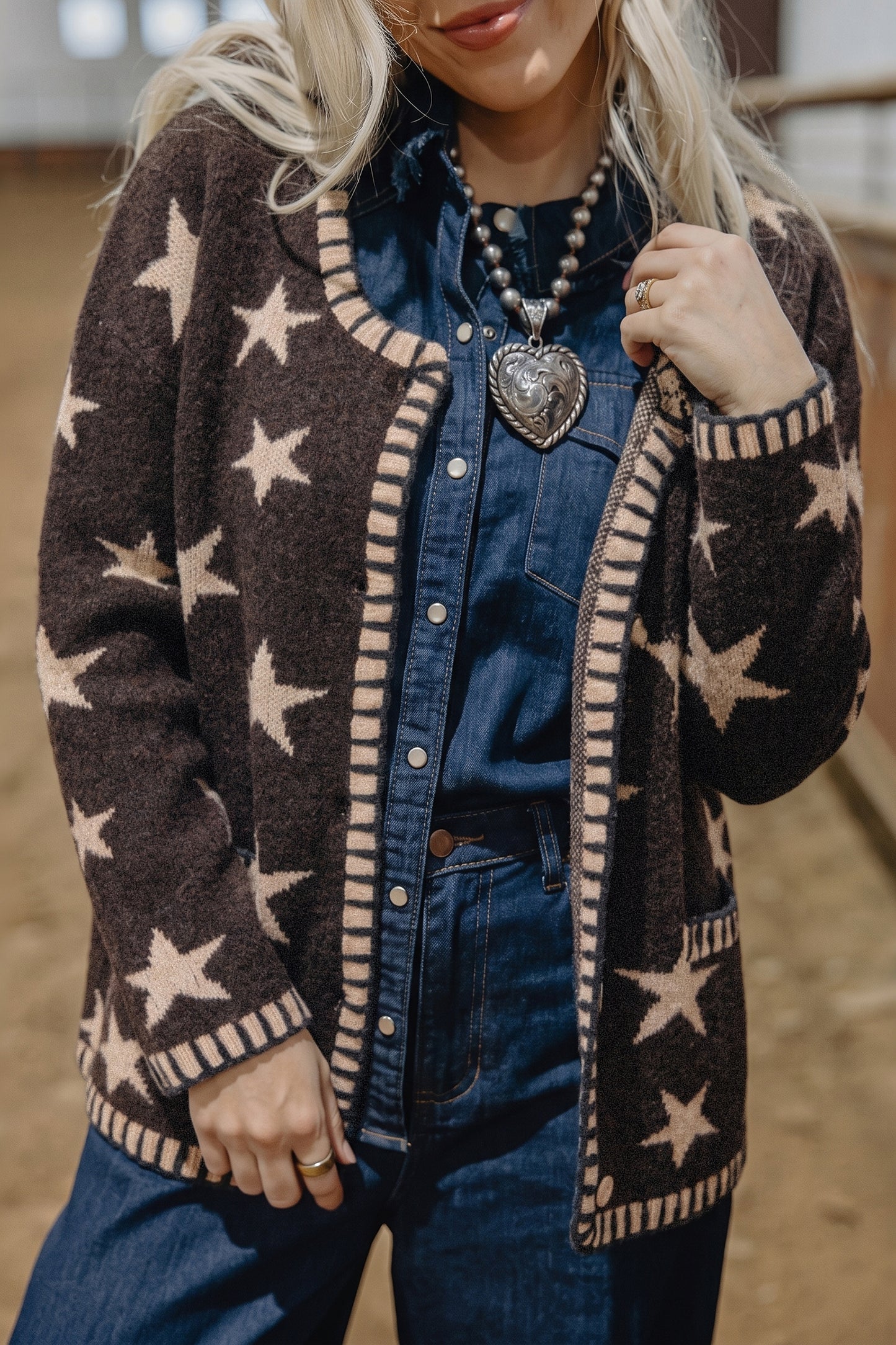 Brown Stars Pattern Colorblock Long Sleeve Shift Cardigan-Sweaters & Cardigans/Cardigans-[Adult]-[Female]-2022 Online Blue Zone Planet