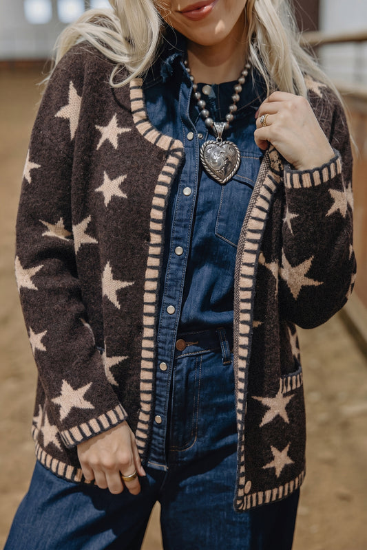 Brown Stars Pattern Colorblock Long Sleeve Shift Cardigan-Sweaters & Cardigans/Cardigans-[Adult]-[Female]-2022 Online Blue Zone Planet