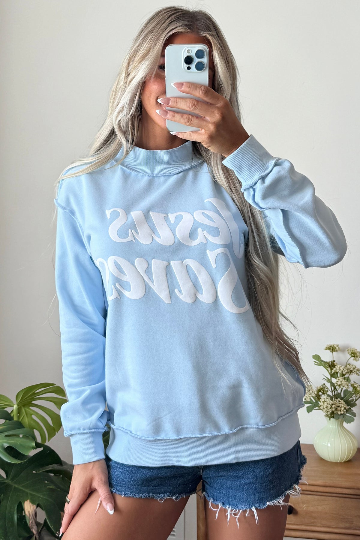Mist Blue Jesus Saves Slogan Print Stand Neck Baggy Sweatshirt-Tops/Sweatshirts & Hoodies-[Adult]-[Female]-2022 Online Blue Zone Planet