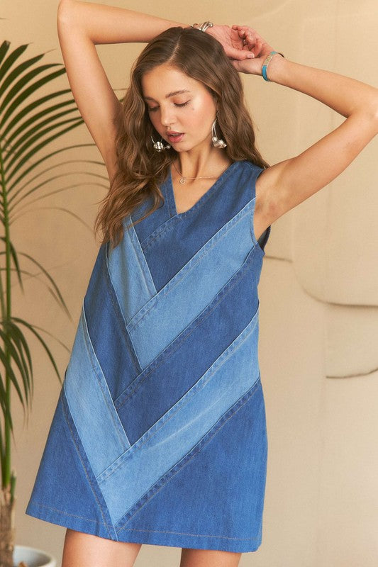 ADORA Chevron Color Block V-Neck Denim Dress-TOPS / DRESSES-[Adult]-[Female]-2022 Online Blue Zone Planet