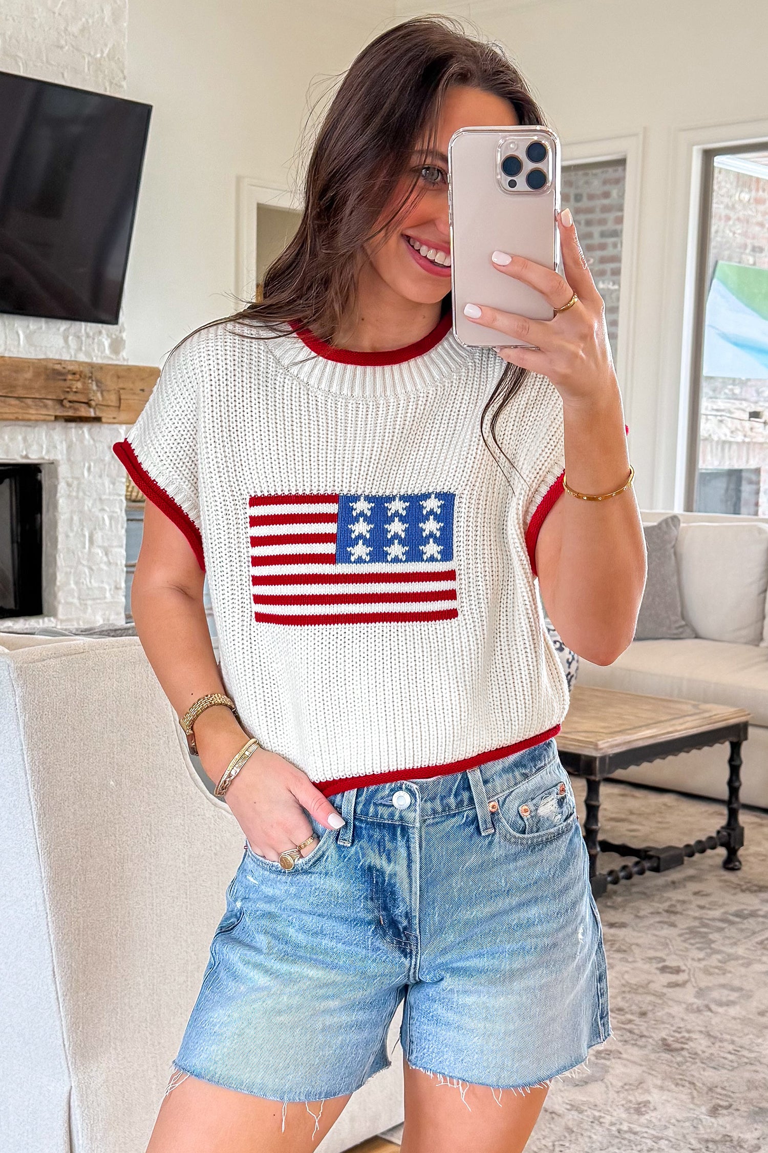 White Flag Print Cropped Short Sleeve Sweater-Sweaters & Cardigans/Short Sleeve Sweaters-[Adult]-[Female]-2022 Online Blue Zone Planet
