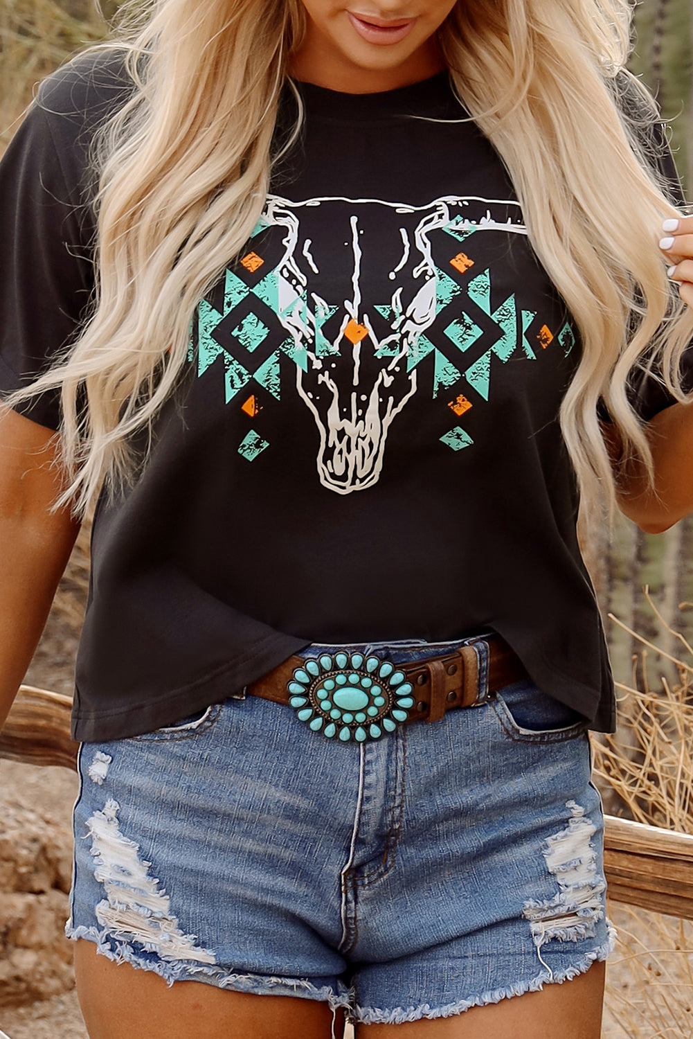 Blue Zone Planet | Carbon Grey Vintage Western Bull Head Skull Turquoise Aztec Graphic T Shirt-Tops/Tops & Tees-[Adult]-[Female]-2022 Online Blue Zone Planet