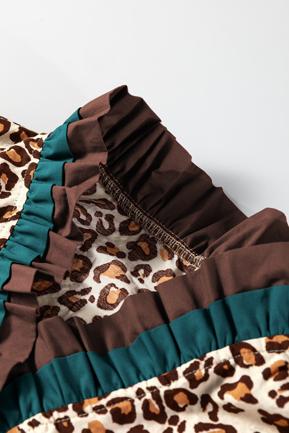 Brown Leopard Print Contrast Frilled Trim Button Down V Neck Shirt-Tops/Blouses & Shirts-[Adult]-[Female]-2022 Online Blue Zone Planet