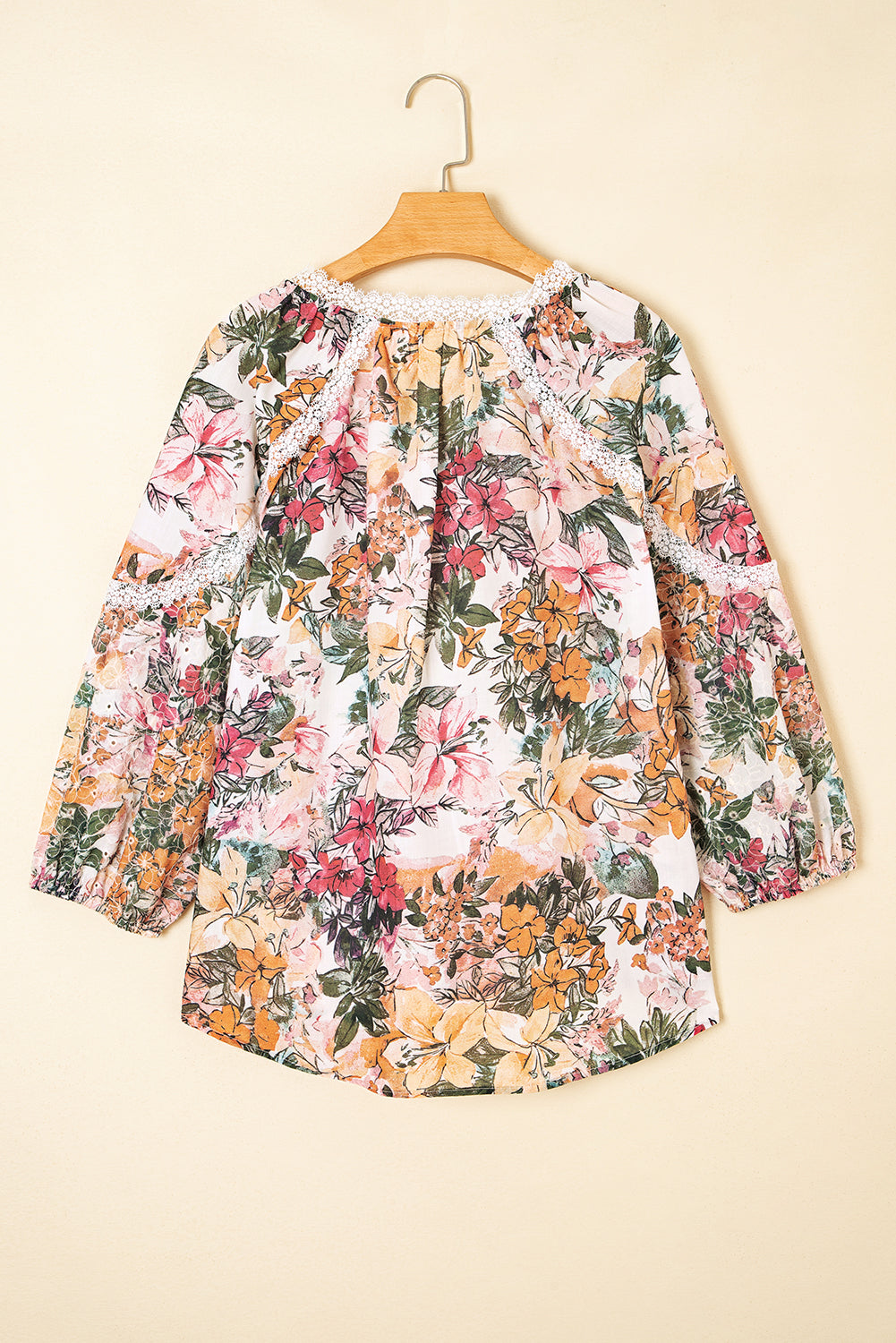 Pink Floral Print Lace Embroidery Tie Split Neck Long Sleeve Blouse-Tops/Blouses & Shirts-[Adult]-[Female]-2022 Online Blue Zone Planet