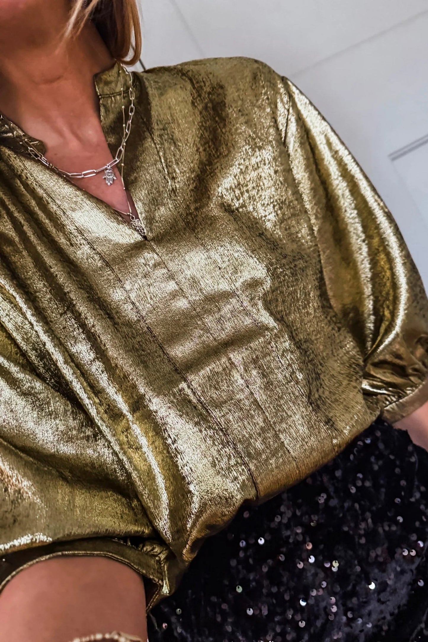 Gold Metallic Split Neck Half Sleeve Blouse-Tops/Blouses & Shirts-[Adult]-[Female]-2022 Online Blue Zone Planet