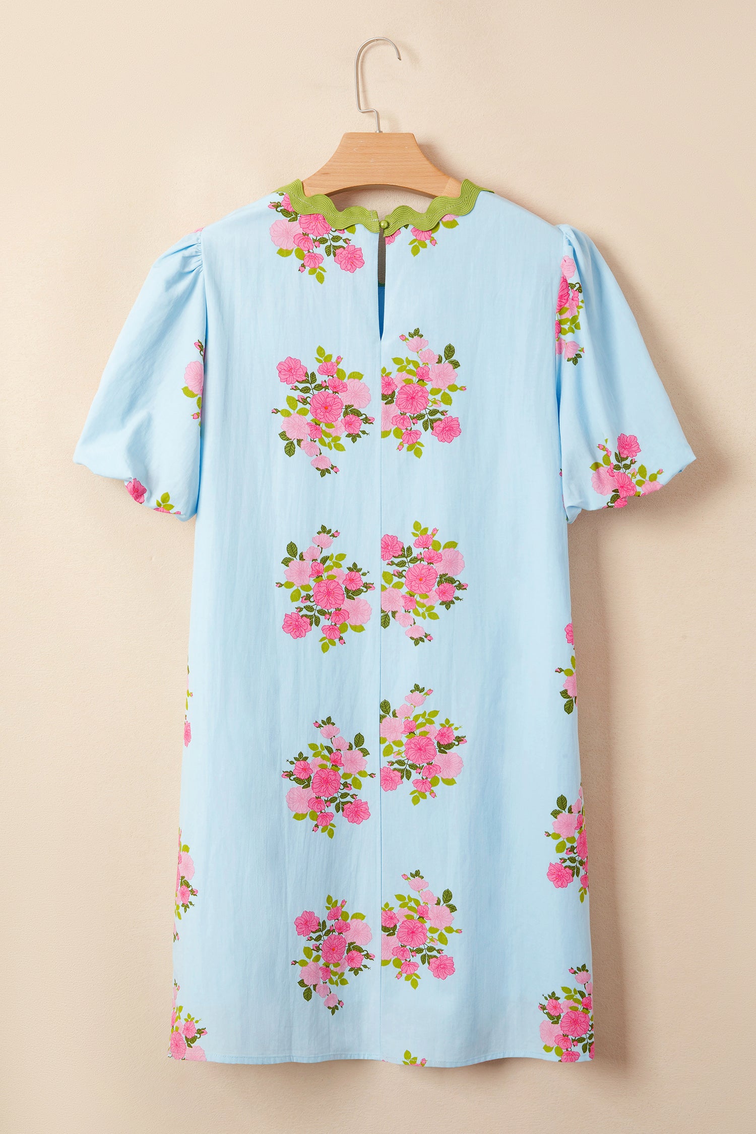 Sky Blue Floral Printed Contrast Ricrac Detail Bubble Sleeve Dress-TOPS / DRESSES-[Adult]-[Female]-2022 Online Blue Zone Planet