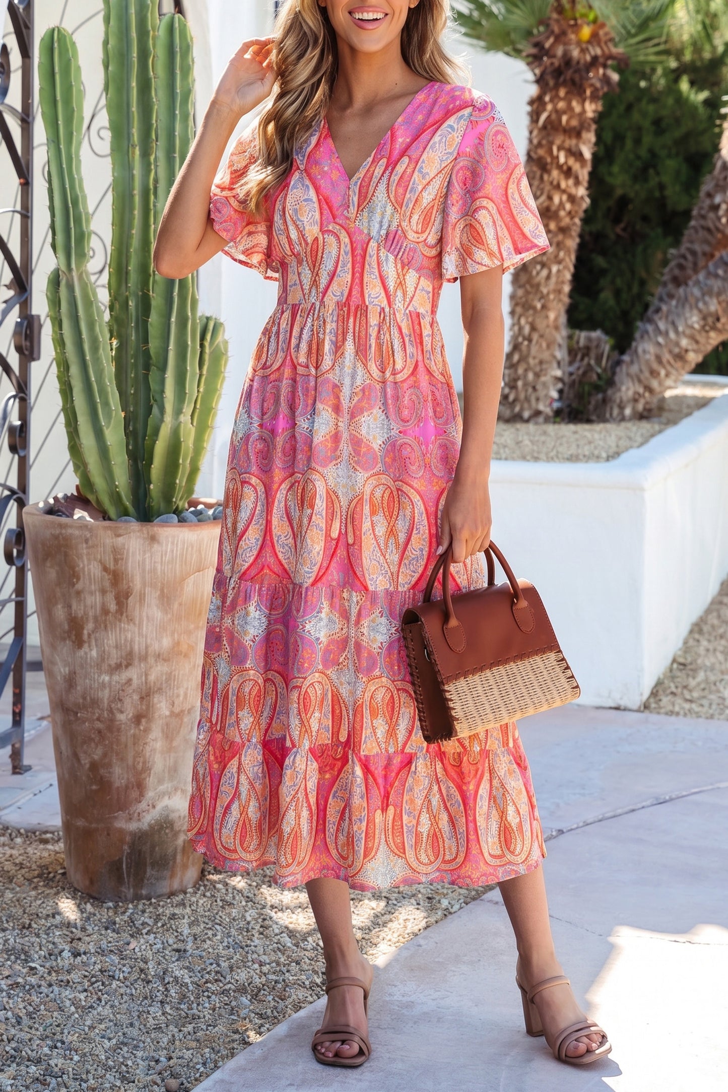 Multicolour Paisley Print V-Neck Short Sleeve Boho Maxi Dress with Ruffle Details-Dresses/Floral Dresses-[Adult]-[Female]-2022 Online Blue Zone Planet