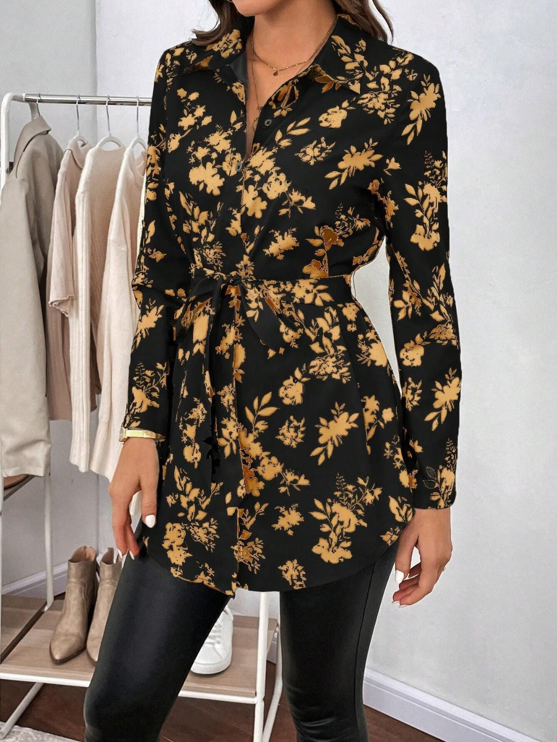 Printed Collared Neck Long Sleeve Shirt-TOPS / DRESSES-[Adult]-[Female]-2022 Online Blue Zone Planet