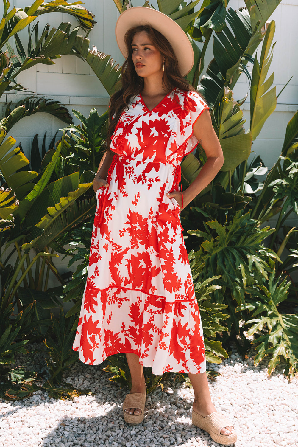 Red Floral Print Trimmed V Neck Ruffle Sleeve Long Dress-TOPS / DRESSES-[Adult]-[Female]-2022 Online Blue Zone Planet