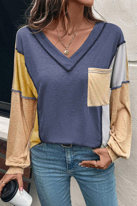 Sail Blue Exposed Stitching Colorblock V Neck Long Sleeve Top-Tops/Long Sleeve Tops-[Adult]-[Female]-Sail Blue-S-2022 Online Blue Zone Planet