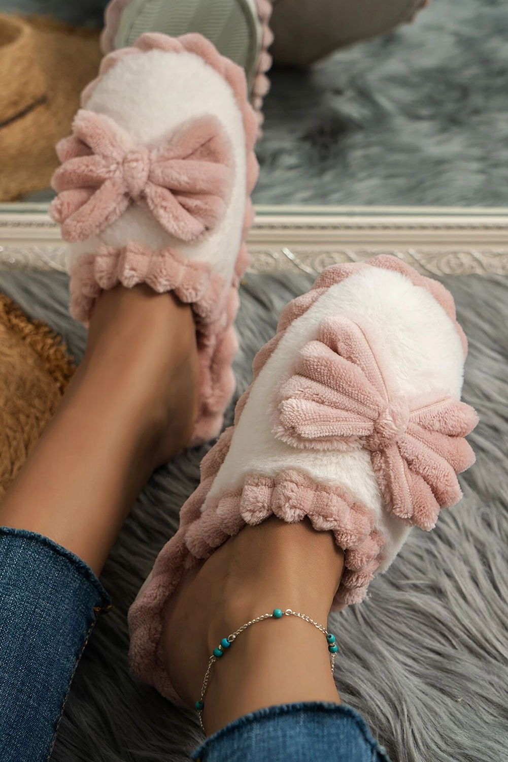 Fushia Bow Plush Winter Slipper-Slides Shoes + Flip Flops-[Adult]-[Female]-2022 Online Blue Zone Planet