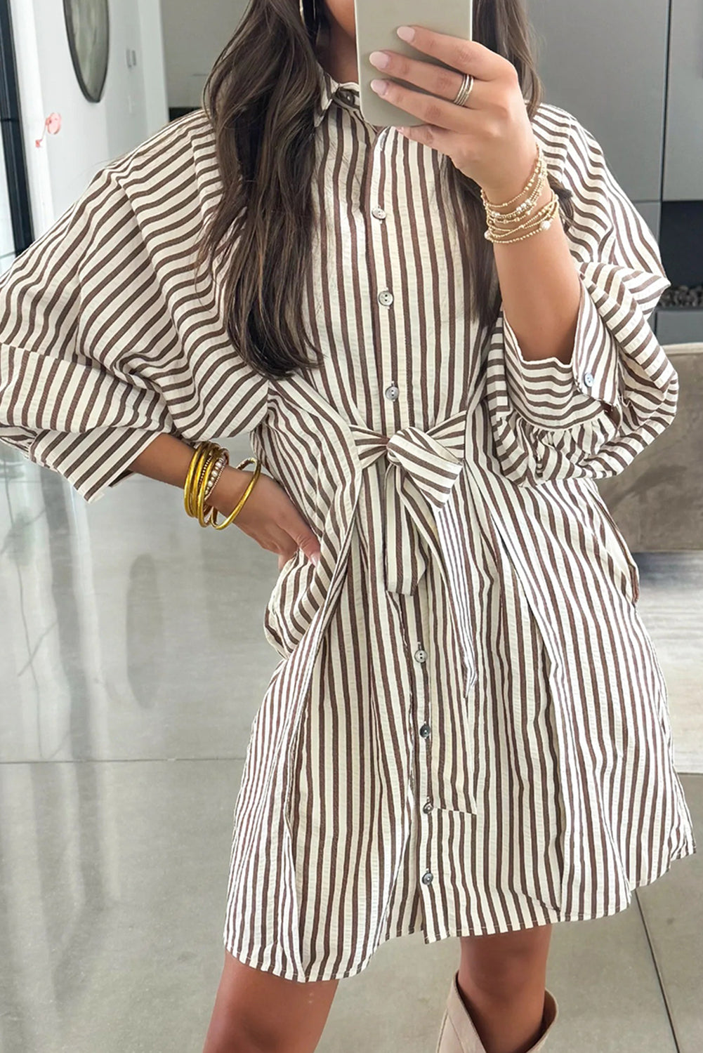 Brown Stripe Knot Waist Puff Sleeve Button Down Mini Shirt Dress-Dresses/Mini Dresses-[Adult]-[Female]-Brown Stripe-S-2022 Online Blue Zone Planet