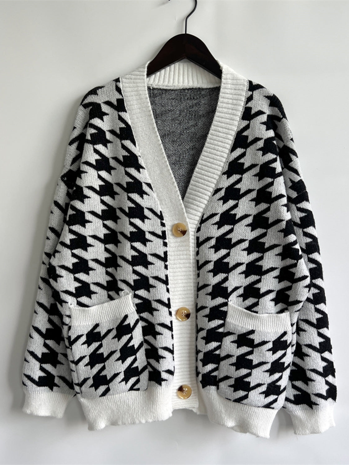 Houndstooth Botton Front Cardigan with Pockets-TOPS / DRESSES-[Adult]-[Female]-2022 Online Blue Zone Planet