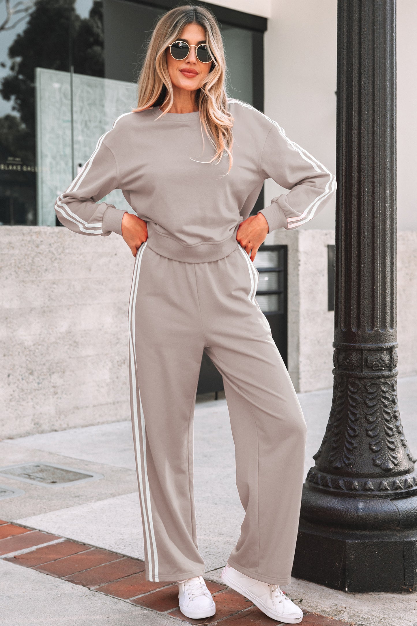 Gray Morn Varsity Striped Detail Crewneck Pullover Elastic Sweatpants 2pcs Outfit-Two Piece Sets/Pant Sets-[Adult]-[Female]-2022 Online Blue Zone Planet