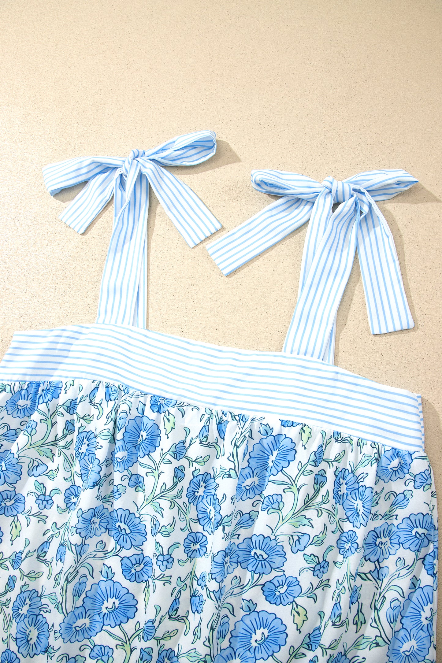 Sky Blue Floral Striped Patchwork Knot Straps 2pcs Short Set-Two Piece Sets/Short Sets-[Adult]-[Female]-2022 Online Blue Zone Planet