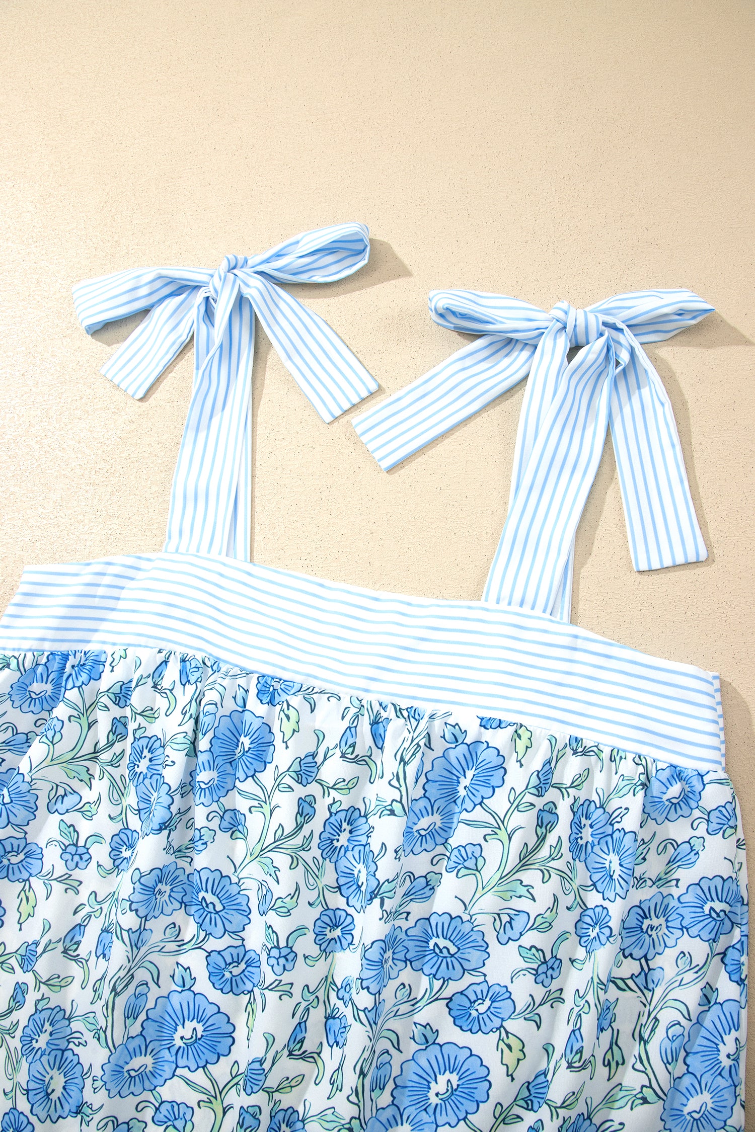 Sky Blue Floral Striped Patchwork Knot Straps 2pcs Short Set-Two Piece Sets/Short Sets-[Adult]-[Female]-2022 Online Blue Zone Planet