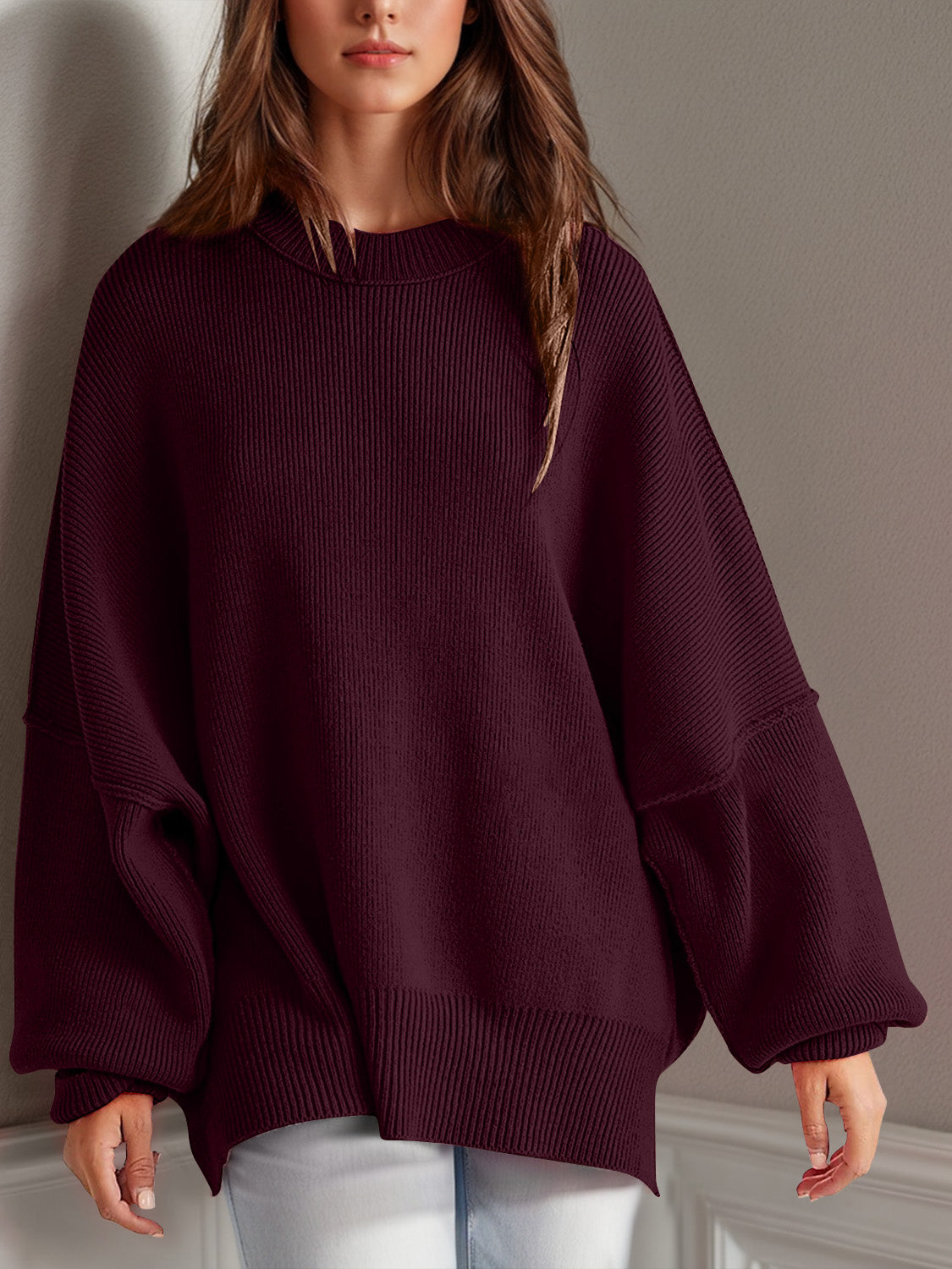 Blue Zone Planet | Double Take Side Slit Round Neck Long Sleeve Sweater-TOPS / DRESSES-[Adult]-[Female]-Burgundy-S-2022 Online Blue Zone Planet