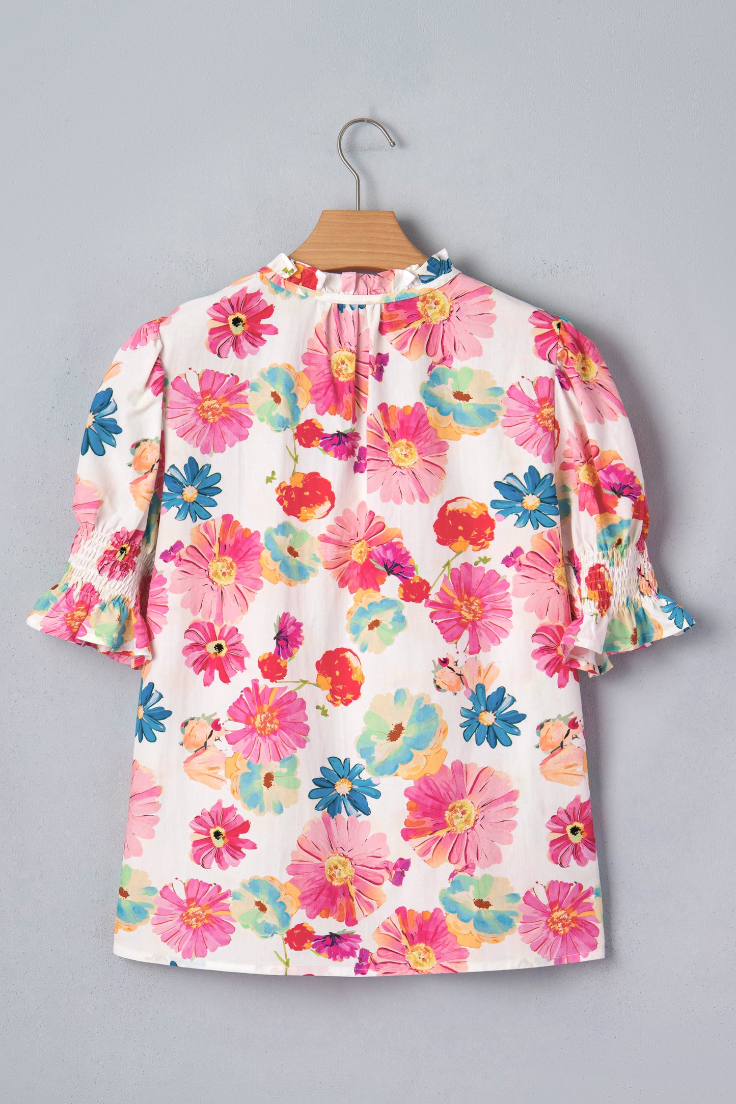 Beige Vibrant Summer Floral Tie V Neck Short Puff Sleeve Blouse-Tops/Blouses & Shirts-[Adult]-[Female]-2022 Online Blue Zone Planet