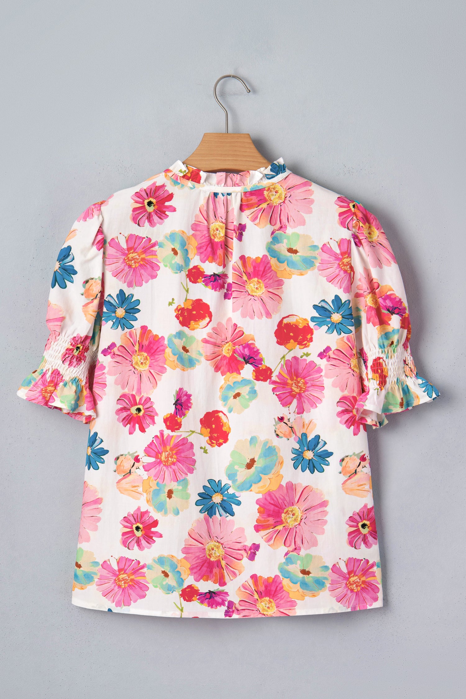 Beige Vibrant Summer Floral Tie V Neck Short Puff Sleeve Blouse-Tops/Blouses & Shirts-[Adult]-[Female]-2022 Online Blue Zone Planet