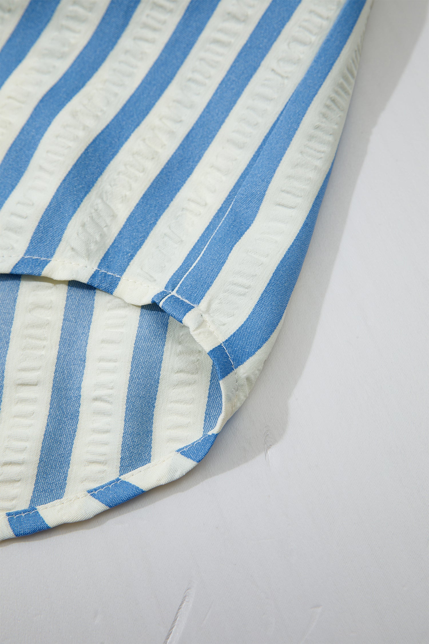Sky Blue Stripe 3/4 Sleeve Collared Neck Blouse-Tops/Blouses & Shirts-[Adult]-[Female]-2022 Online Blue Zone Planet