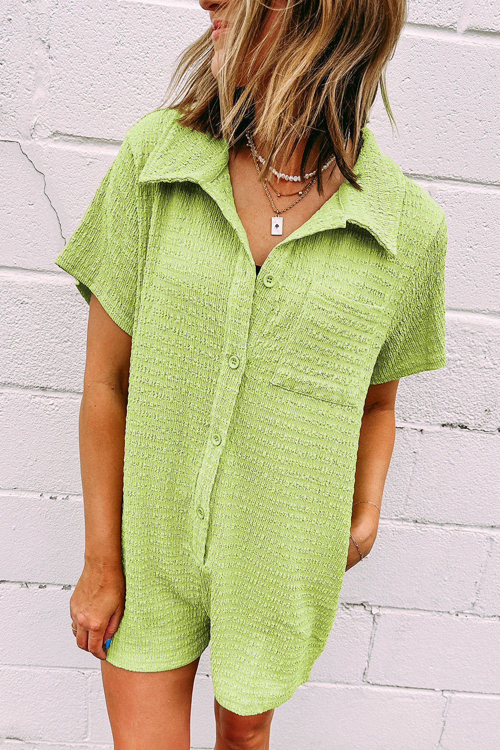 Meadow Mist Green Textured Short Sleeve Patched Pocket Buttoned Shirt Romper-Bottoms/Jumpsuits & Rompers-[Adult]-[Female]-2022 Online Blue Zone Planet