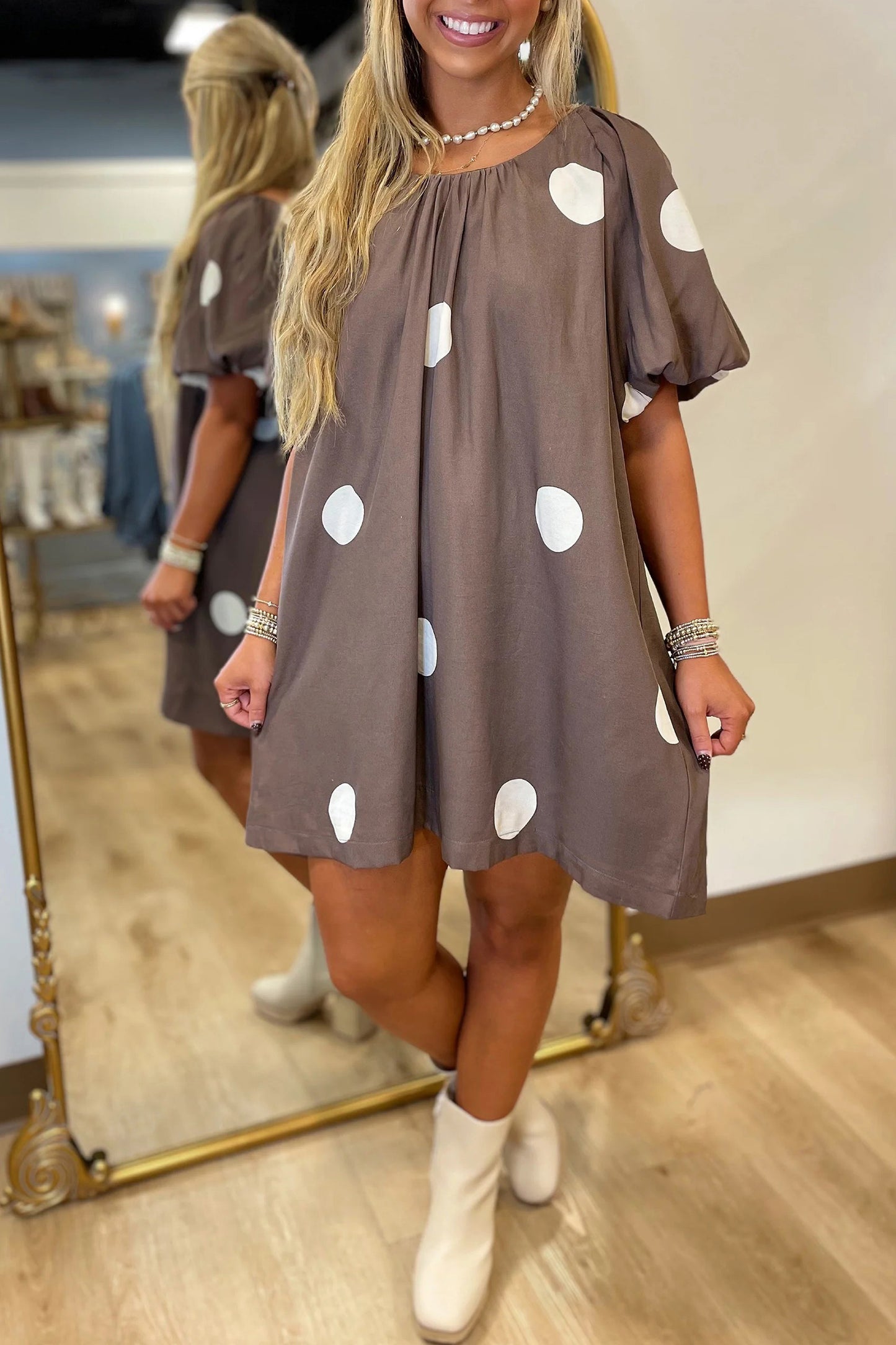 Brown Polka Dot Print Knot Back Short Puff Sleeve Loose Mini Dress-Dresses/Midi Dresses-[Adult]-[Female]-Brown-S-2022 Online Blue Zone Planet