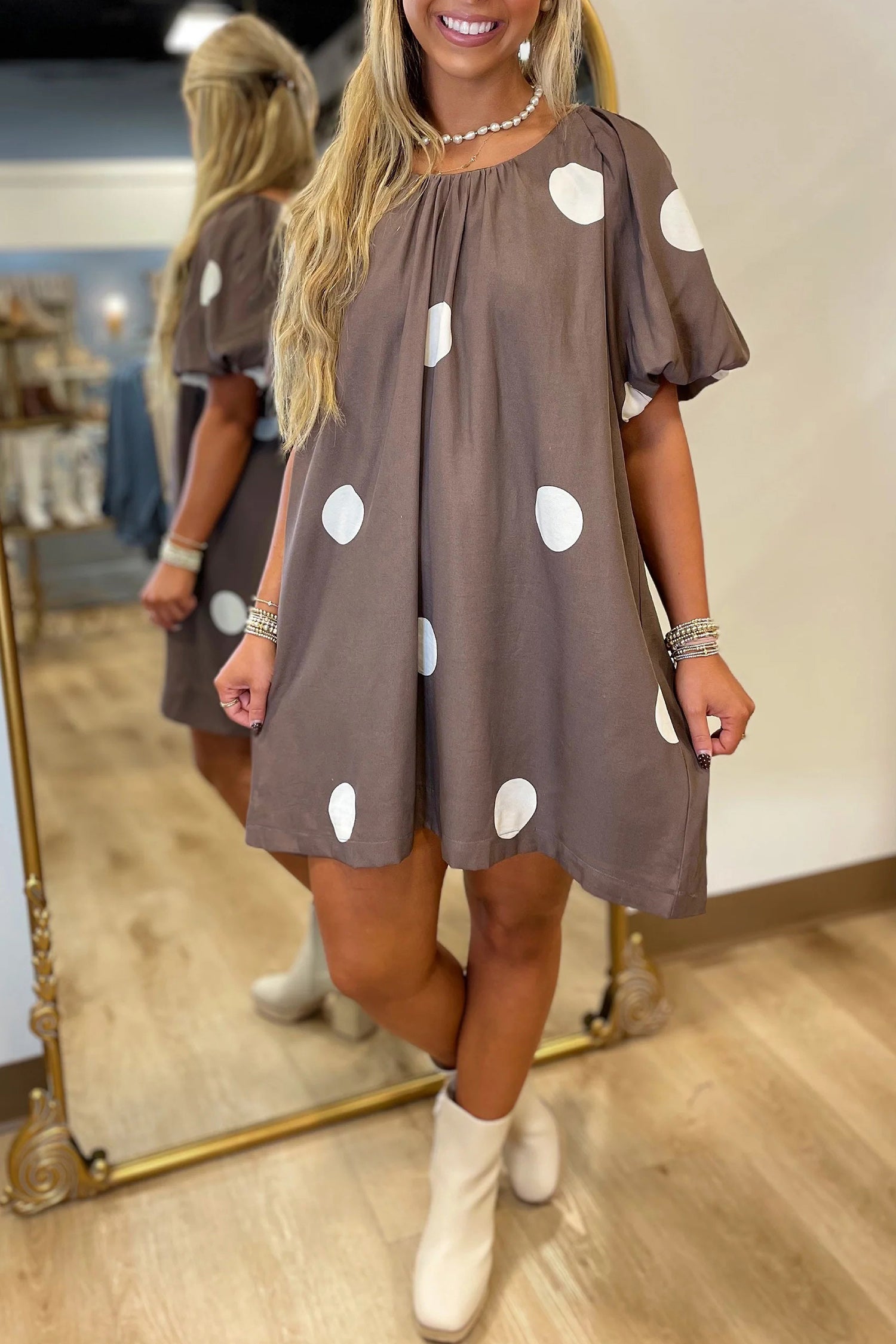 Brown Polka Dot Print Knot Back Short Puff Sleeve Loose Mini Dress-Dresses/Midi Dresses-[Adult]-[Female]-Brown-S-2022 Online Blue Zone Planet