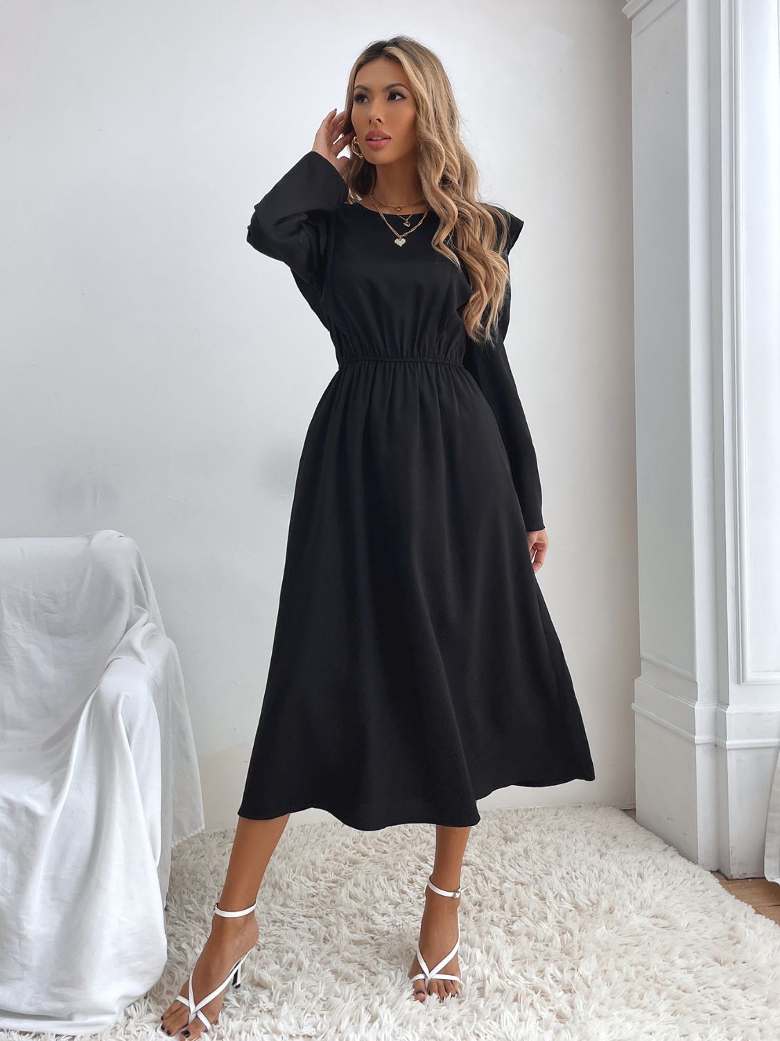 Ruched Ruffled Round Neck Long Sleeve Dress-TOPS / DRESSES-[Adult]-[Female]-2022 Online Blue Zone Planet