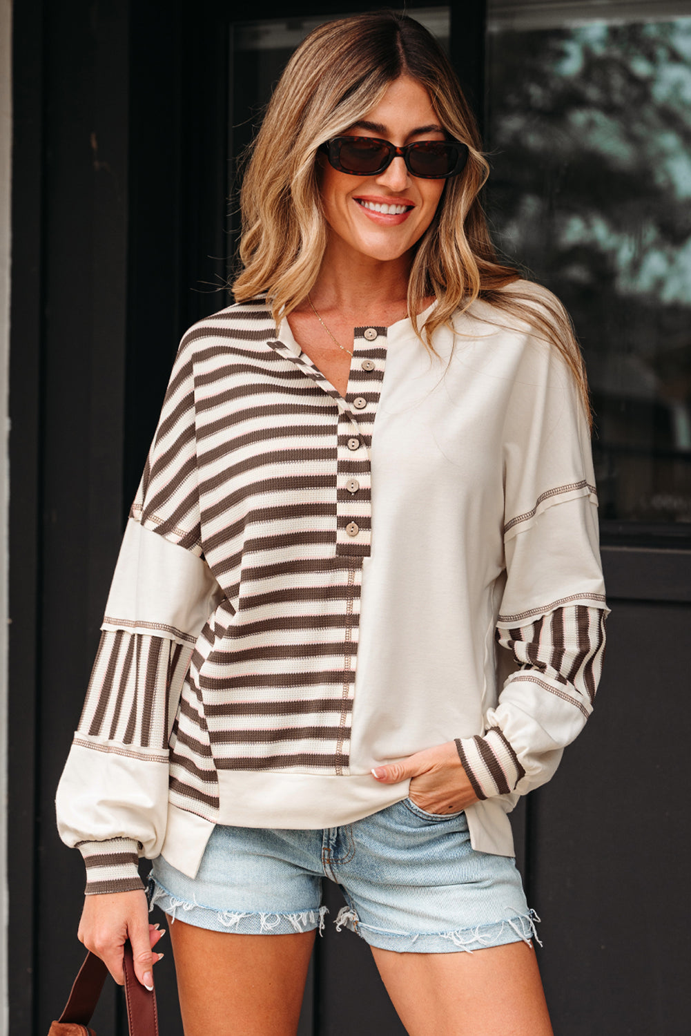 Khaki Stripe Stitched Detail Color Block Patchwork Oversized Pullover Top-Tops/Long Sleeve Tops-[Adult]-[Female]-2022 Online Blue Zone Planet