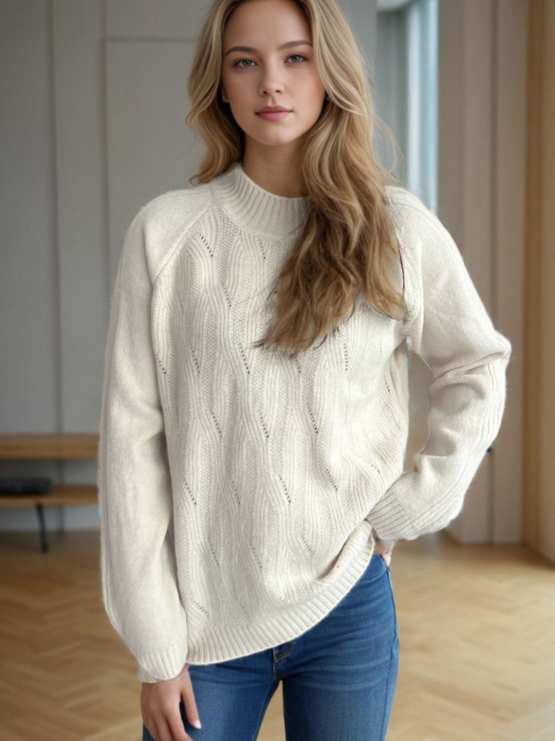 Blue Zone Planet | Mock Neck Long Sleeve Sweater-TOPS / DRESSES-[Adult]-[Female]-Cream-One Size-2022 Online Blue Zone Planet