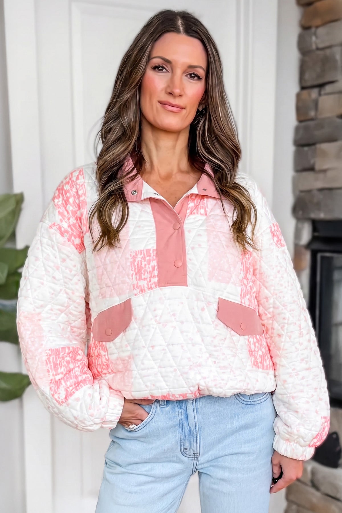 Multicolour Floral Quilted Half Button Pocketed Pullover Sweatshirt-Tops/Sweatshirts & Hoodies-[Adult]-[Female]-2022 Online Blue Zone Planet