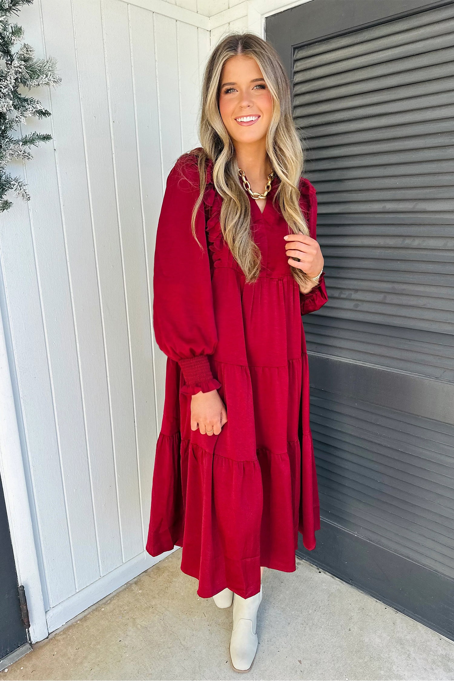 Racing Red Solid Color Ruffle Trim Long Sleeve Tiered Shift Midi Dress-Dresses/Midi Dresses-[Adult]-[Female]-2022 Online Blue Zone Planet