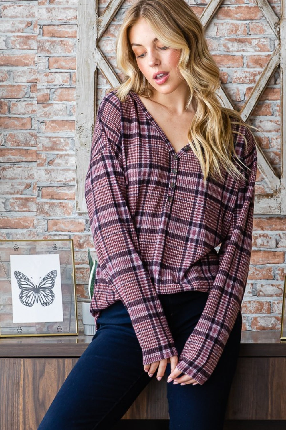 Blue Zone Planet | Heimish Full Size Plaid V-Neck Long Sleeve Top-TOPS / DRESSES-[Adult]-[Female]-2022 Online Blue Zone Planet