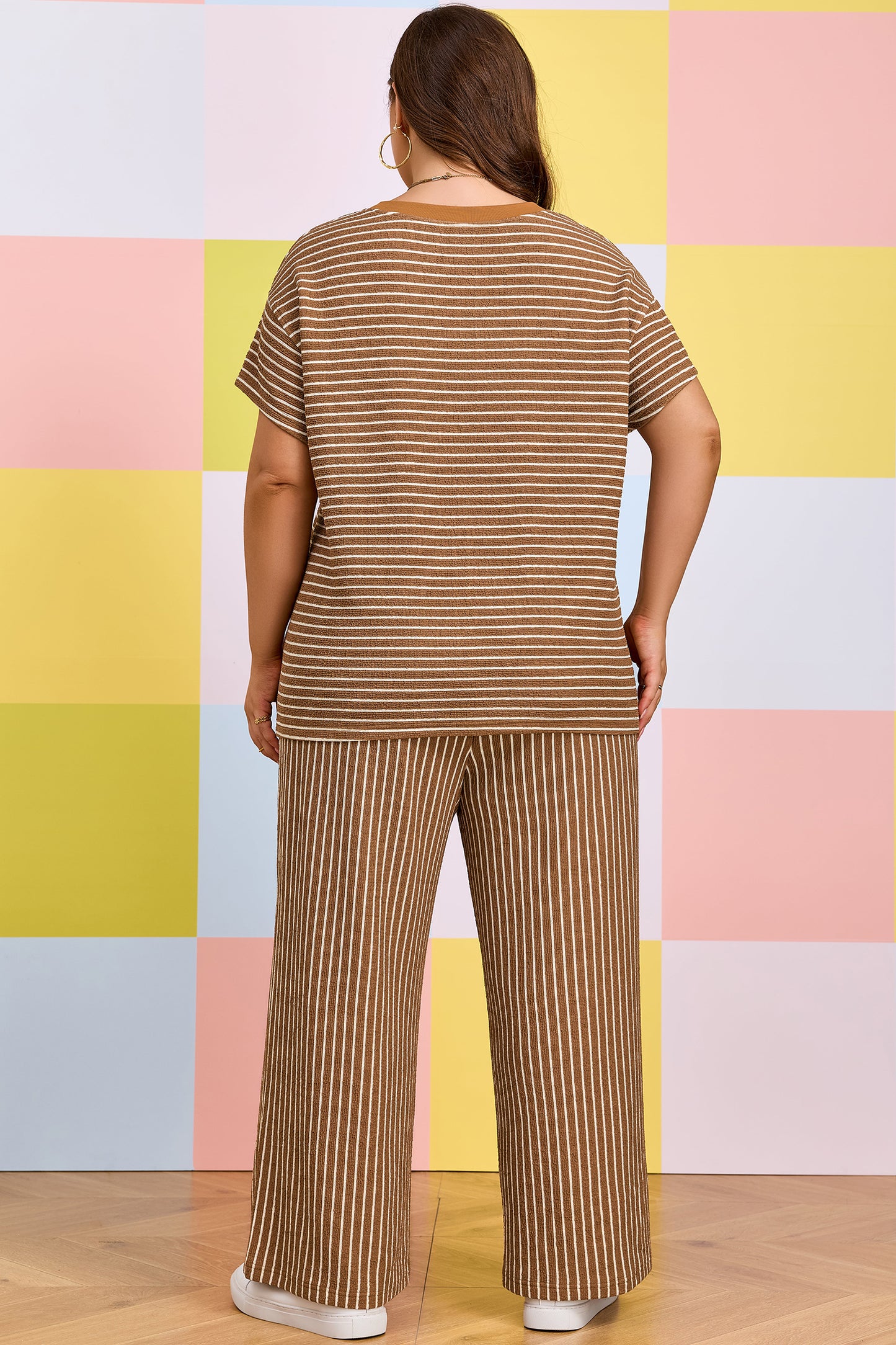 Khaki Stripe Plus Size Striped Colorblock Pocket Lounge Set-Plus Size/Plus Size Loungewear-[Adult]-[Female]-2022 Online Blue Zone Planet