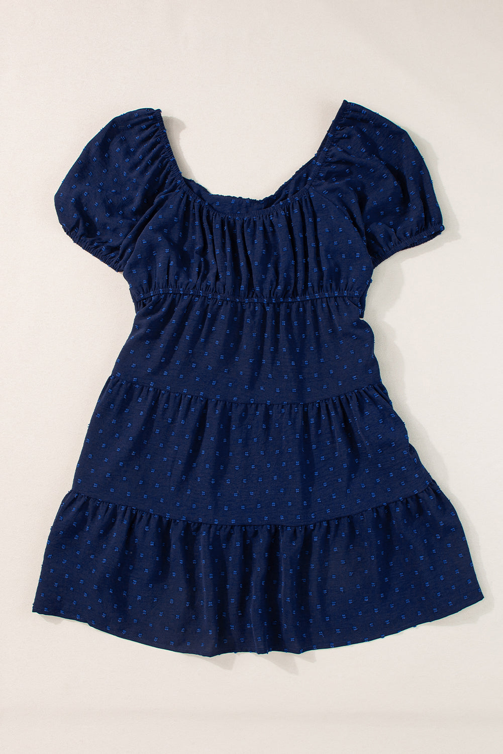 Blue Zone Planet |  Navy Blue Swiss Dot Jacquard Puff Sleeve Crossover Tied Tiered Dress Blue Zone Planet