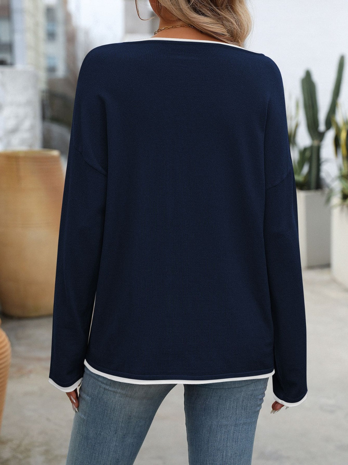 Contrast Trim Round Neck Long Sleeve Sweater-TOPS / DRESSES-[Adult]-[Female]-2022 Online Blue Zone Planet