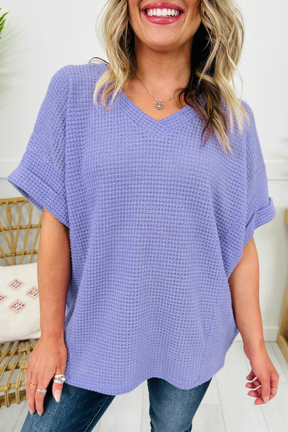 Clearly Aqua Waffle V Neck Short Sleeve Knit Top-Tops/Tops & Tees-[Adult]-[Female]-Wisteria-S-2022 Online Blue Zone Planet