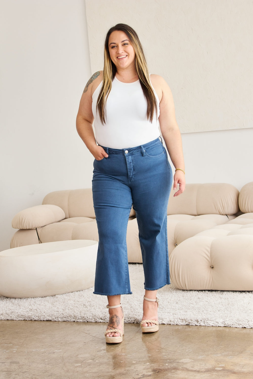 RFM Crop Chloe Full Size Tummy Control High Waist Raw Hem Jeans-BOTTOM SIZES SMALL MEDIUM LARGE-[Adult]-[Female]-Blue Slate-23-2022 Online Blue Zone Planet