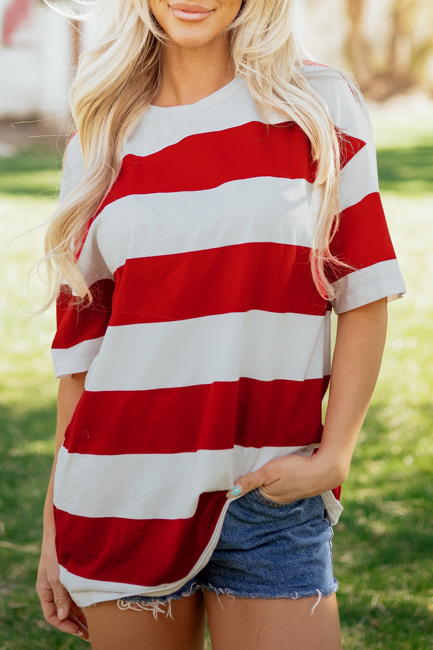 Racing Red Striped Color Block Oversize Tunic Tee-Tops/Tops & Tees-[Adult]-[Female]-2022 Online Blue Zone Planet
